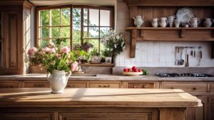 A kitchen with a wooden counter top and a vase of flowers
